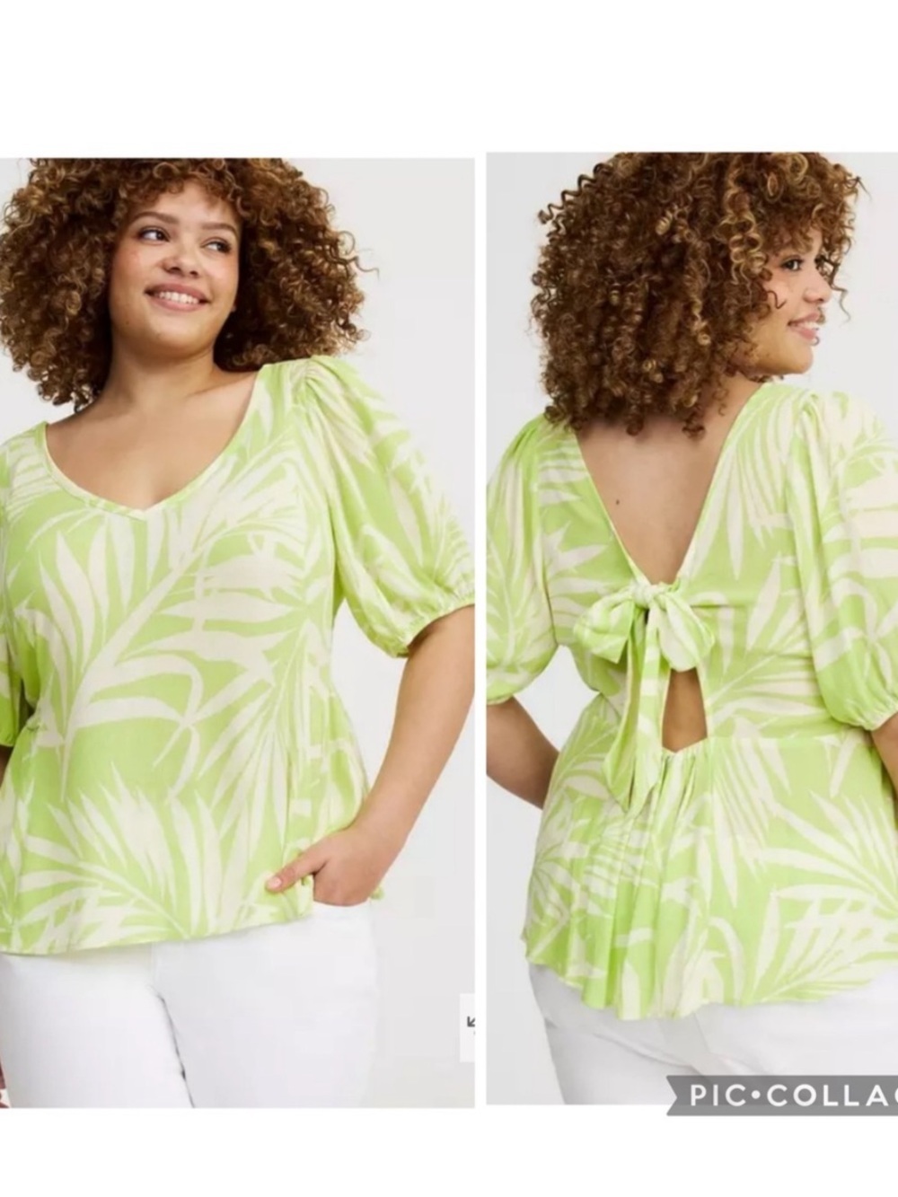 Torrid Crinkle Gauze Tie Back Puff Sleeve Top Womens 3X Neon Palm Print Tropical - Picture 1 of 7